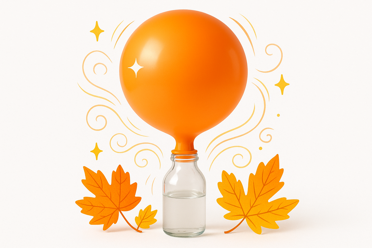 A square product image of a balloon inflating from a clear bottle, surrounded by playful sparkles and swirling air effects. Styled with orange and yellow fall leaves. Bright, clean, kid-friendly STEM kit style on a white background.”