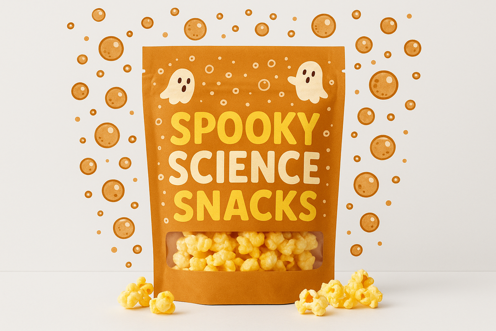 “A square product photo of a popcorn bag labeled ‘Spooky Science Snacks,’ with fizzy soda bubbles and small ghost doodles floating around. Fall colors, clean, kid-friendly, homeschool STEM branding on a white background.”