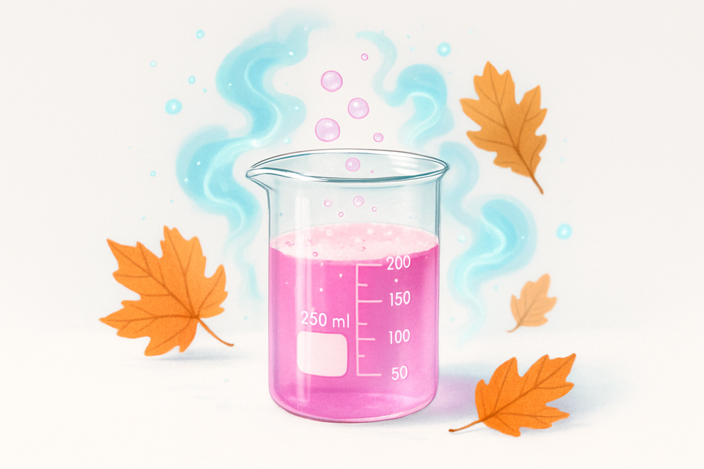 “A square promotional image of a glass beaker with pink liquid fading to clear, surrounded by smoky magical effects. Subtle potion bubbles and fall leaves in the background. Clean, colorful, homeschool STEM vibe on a white background.”