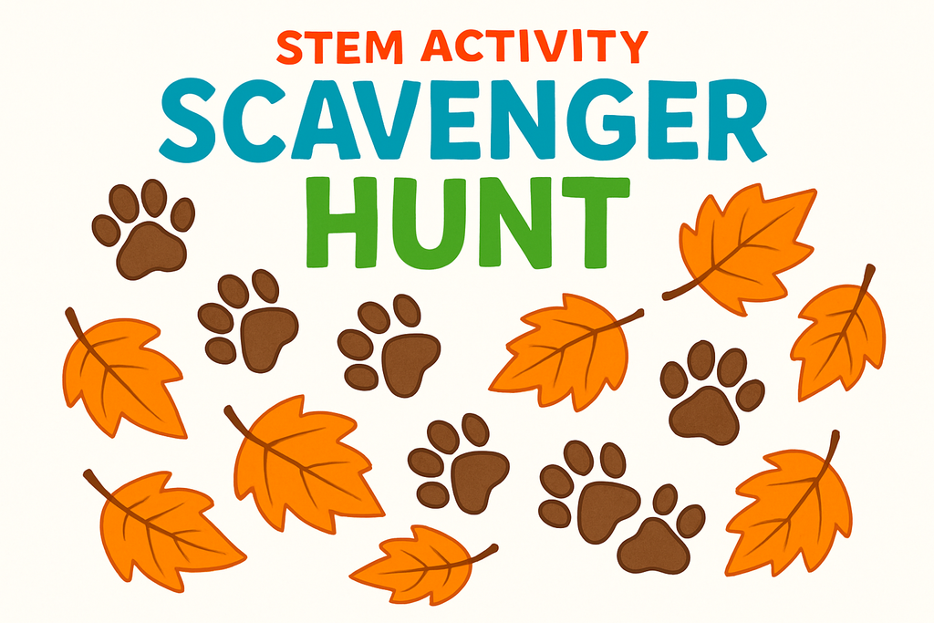 “A square promotional image with cartoon dog paw prints leading across orange fall leaves, styled like a playful scavenger hunt. Kid-friendly, colorful STEM activity design with white background.”
