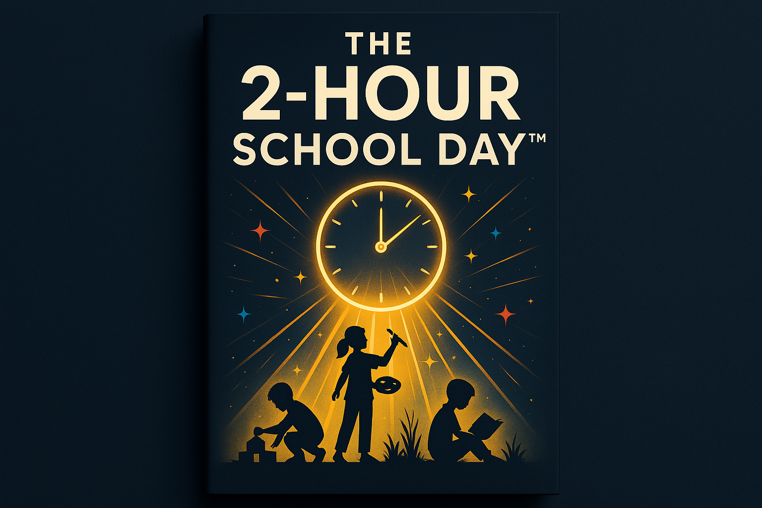 

“Book cover design for The 2-Hour School Day™. Bold, modern typography with a clean, visionary aesthetic. A glowing clock with hands set at 2 o’clock transforms into rays of light, symbolizing freedom and curiosity. Silhouettes of children exploring — building, painting, reading — radiate outward. Palette of deep navy, gold accents, and bright sparks of color to convey inspiration and innovation. Minimalist, professional, and show-stopping for parents and educators.”