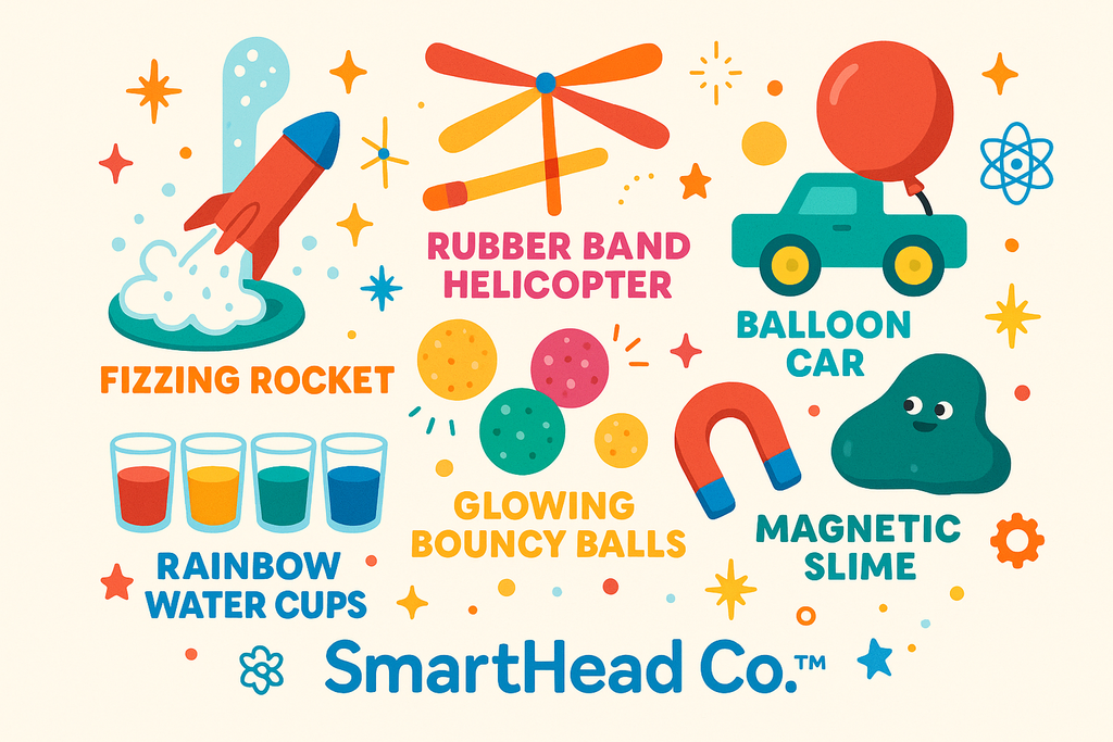 Bright flat lay of six whimsical science experiments represented together: fizzing rocket, rubber band helicopter, balloon car, magnetic slime, glowing bouncy balls, and rainbow water cups. Arranged in a colorful circle with sparkles and STEM icons. Clean, joyful, kid-friendly style. SmartHead Co.™ branding.”