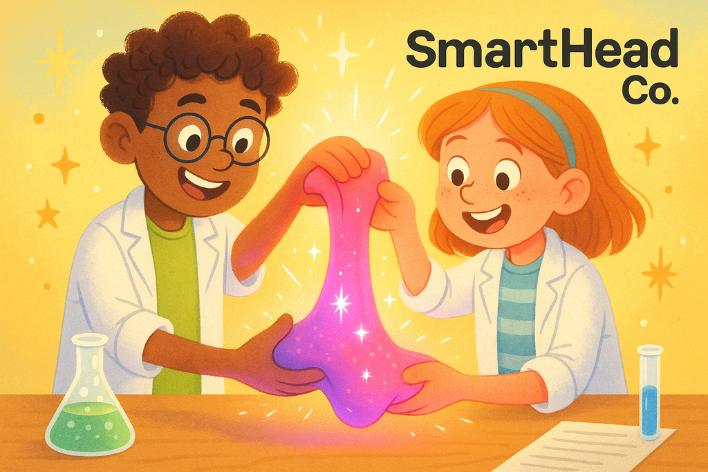 Bright STEM experiment scene with gooey slime in middle school students’ hands shifting colors from purple to pink as it warms. Magical glow effect, playful textures, fun kid-friendly art style. SmartHead Co.™ branding.”