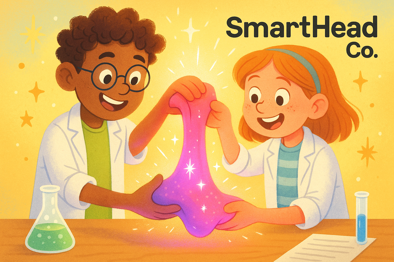 Bright STEM experiment scene with gooey slime in middle school students’ hands shifting colors from purple to pink as it warms. Magical glow effect, playful textures, fun kid-friendly art style. SmartHead Co.™ branding.”