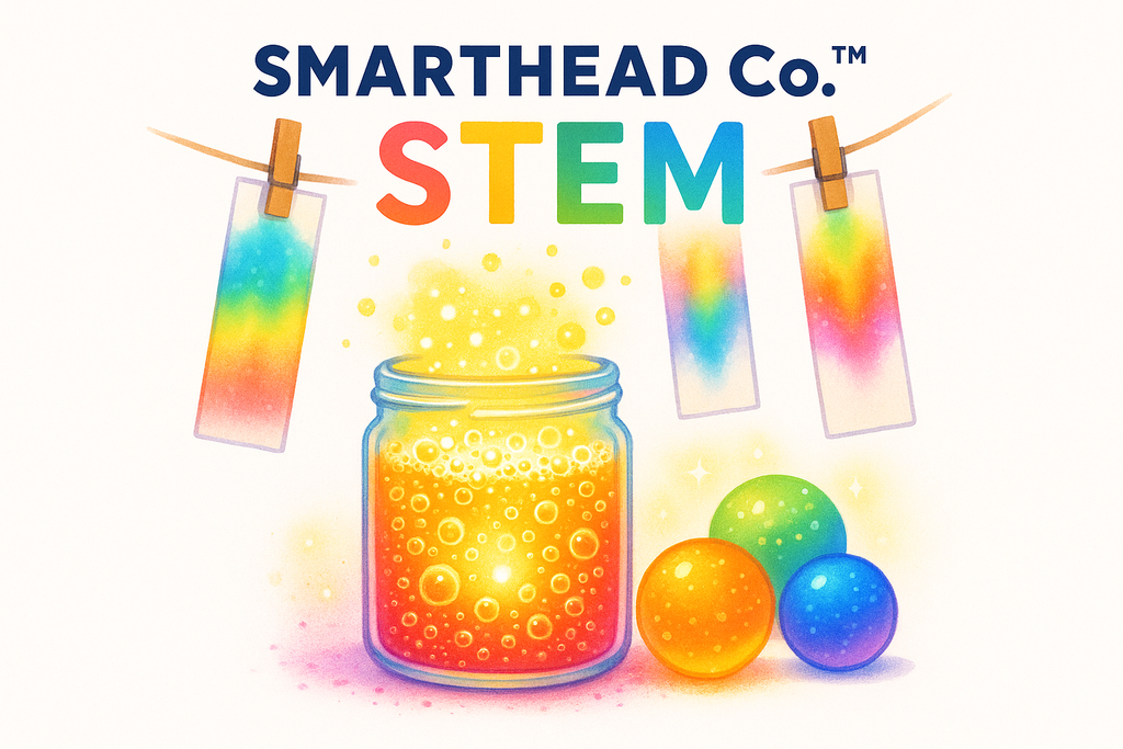 Colorful STEM experiment image with fizzing bubbles in a clear jar, glowing bouncy balls, and rainbow chromatography strips hanging to dry. Magical glow and fizz textures. Bright and kid-friendly style. Clean Shopify white background. SmartHead Co.™ branding.”