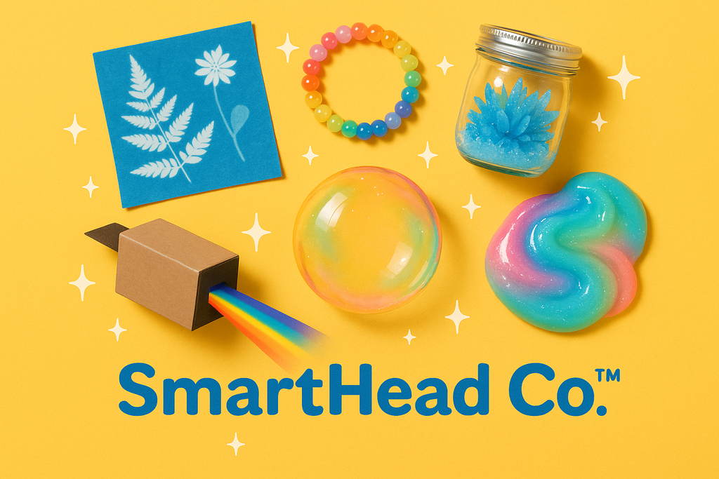 Flat lay of six whimsical science experiments arranged in a colorful circle: blue sun print paper, UV bead bracelet, sparkling crystal jar, giant rainbow bubble, cardboard spectroscope with rainbow light, and color-changing slime. Bright, joyful STEM collection style with sparkles and summer theme. SmartHead Co.™ branding.”