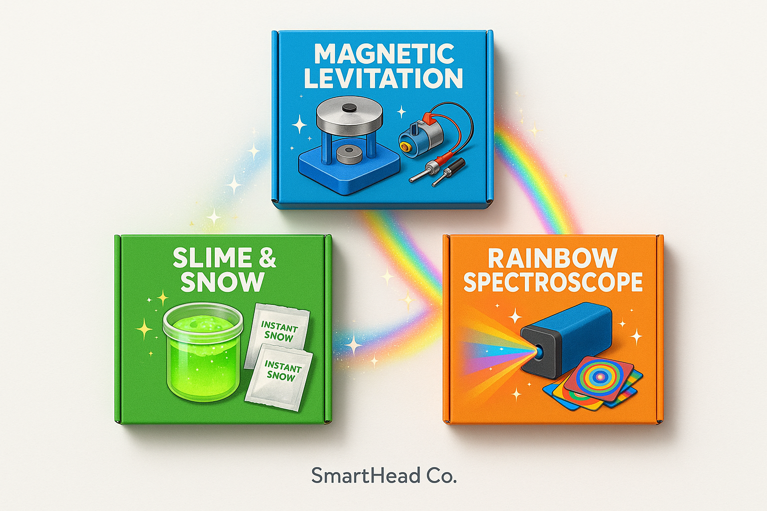 Flat-lay of three colorful STEM kits arranged in a triangle: magnetic levitation + motor, glowing slime + instant snow, and rainbow spectroscope + illusion cards. Sparkles and rainbow accents unify them. Bright, joyful style on a clean white Shopify background. SmartHead Co.™ branding.”