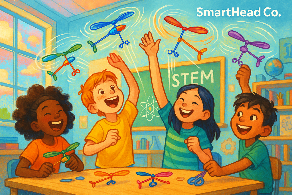 Fun classroom scene with kids flying small rubber band helicopters, propellers spinning, energy lines showing lift, colorful sky and playful motion. Hands-on STEM style, joyful and bright. SmartHead Co.™ branding.”