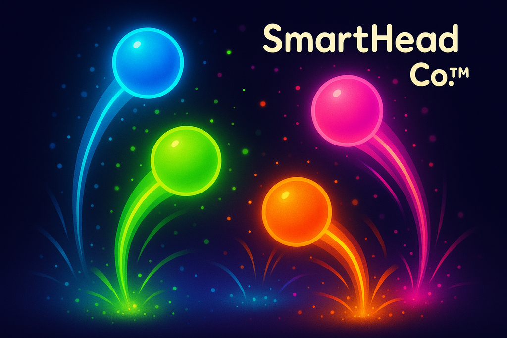 Glowing neon bouncy balls bouncing with trails of light, children’s science kit vibe, dark background glowing with bright playful colors, magical energy feel. Kid-friendly STEM design. SmartHead Co.™ branding