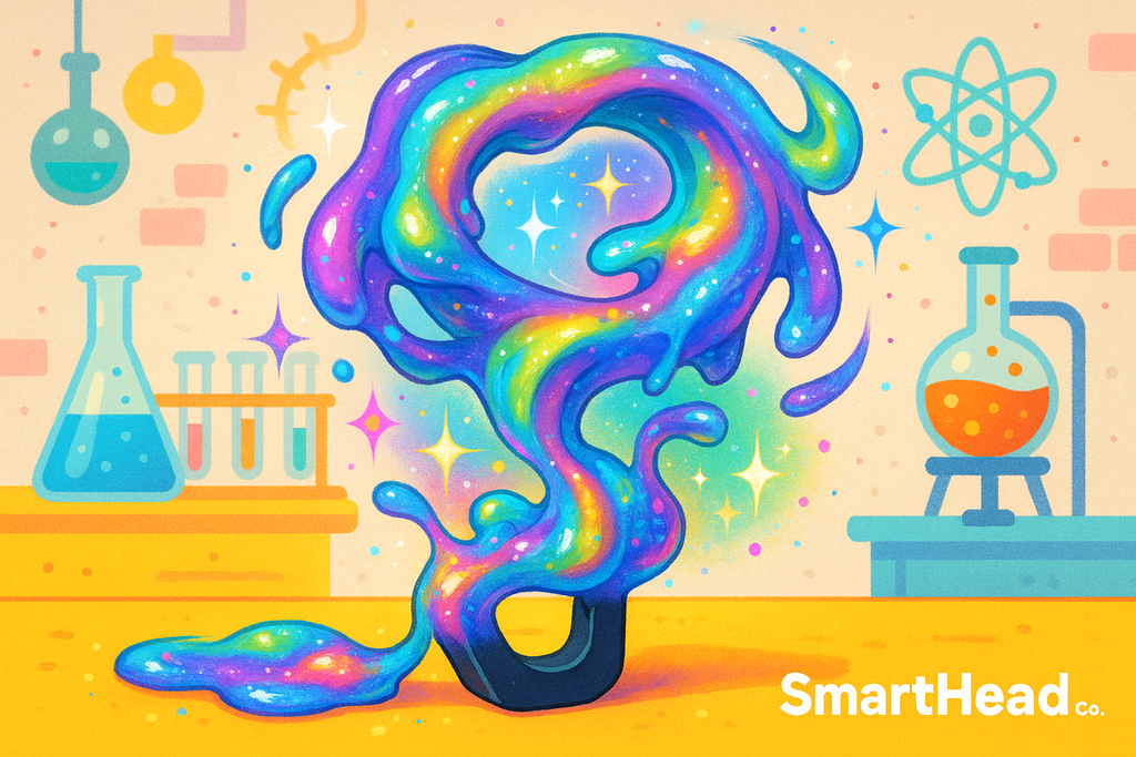 Magical slime stretching and swirling around a magnet, sparkles of magnetic energy, colorful textures with playful laboratory background. Fun, gooey, and scientific. SmartHead Co.™ branding.”