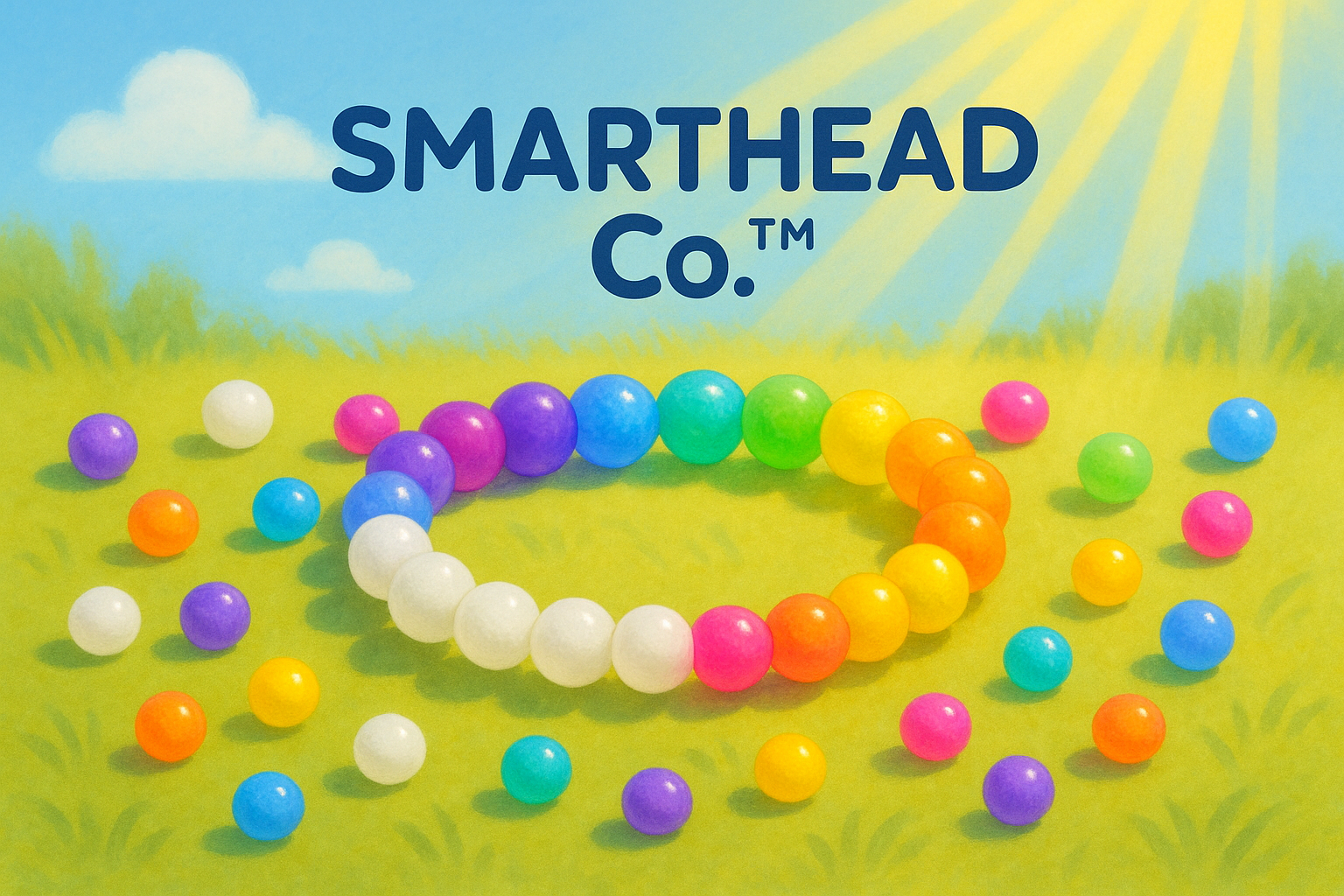 middle school STEM craft kit scene with colorful beads that change in sunlight. A bracelet half in shade (white beads) and half in sun (bright colors). Playful outdoor background with sunshine rays. Clean, joyful, science-meets-art style. SmartHead Co.™ branding