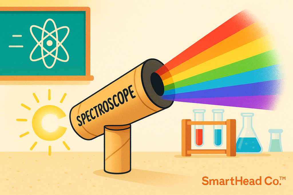 middle school STEM experiment showing a small cardboard tube spectroscope pointed at a light source, rainbow colors spilling out in visible bands. Clean, simple, colorful science style with whimsical summer vibe. SmartHead Co.™ branding.