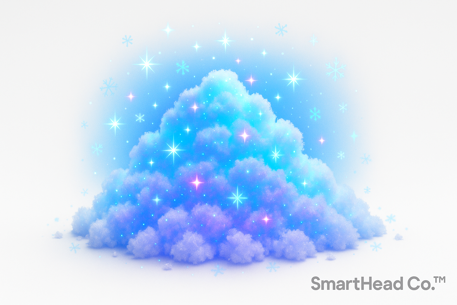 Pile of fluffy artificial snow glowing under UV light, with sparkles of light blue and purple glow. Whimsical, wintery scene with subtle snowflake accents. Clean, bright product style for kids. White background for Shopify. SmartHead Co.™ branding.”