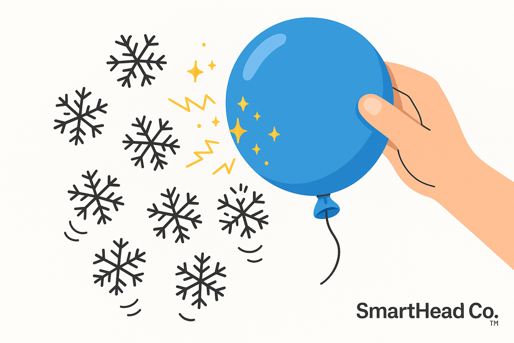 Playful STEM scene with a balloon attracting tiny paper snowflakes, the snowflakes leaping and dancing in the air. Whimsical static electricity effect with sparkles. Clean, simple, bright style. White background for Shopify. SmartHead Co.™ branding.”