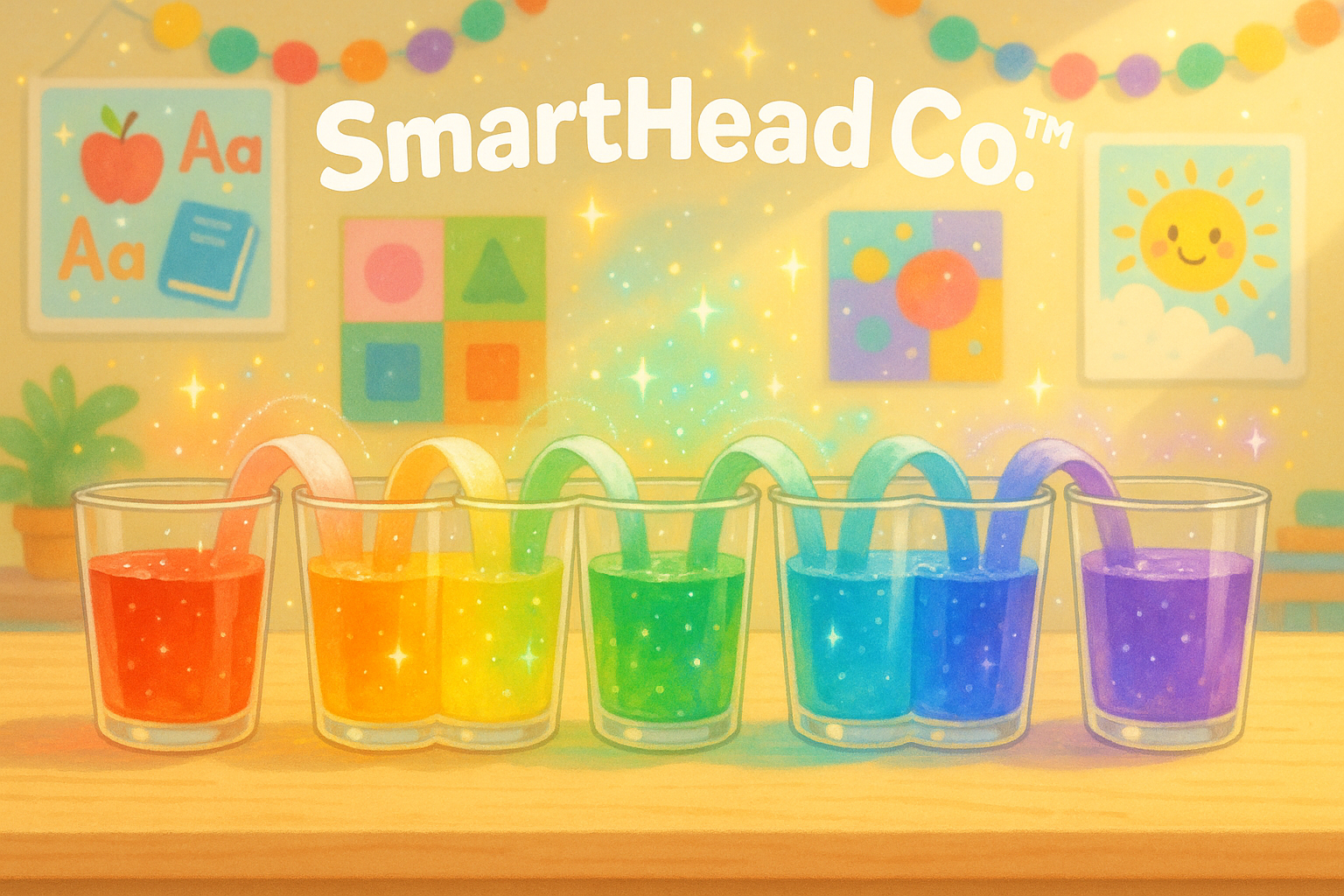 Row of clear cups with colored water connected by paper towels, rainbow colors ‘walking’ from cup to cup, bright whimsical art style, playful classroom background. Magical science feel. SmartHead Co.™ branding.”