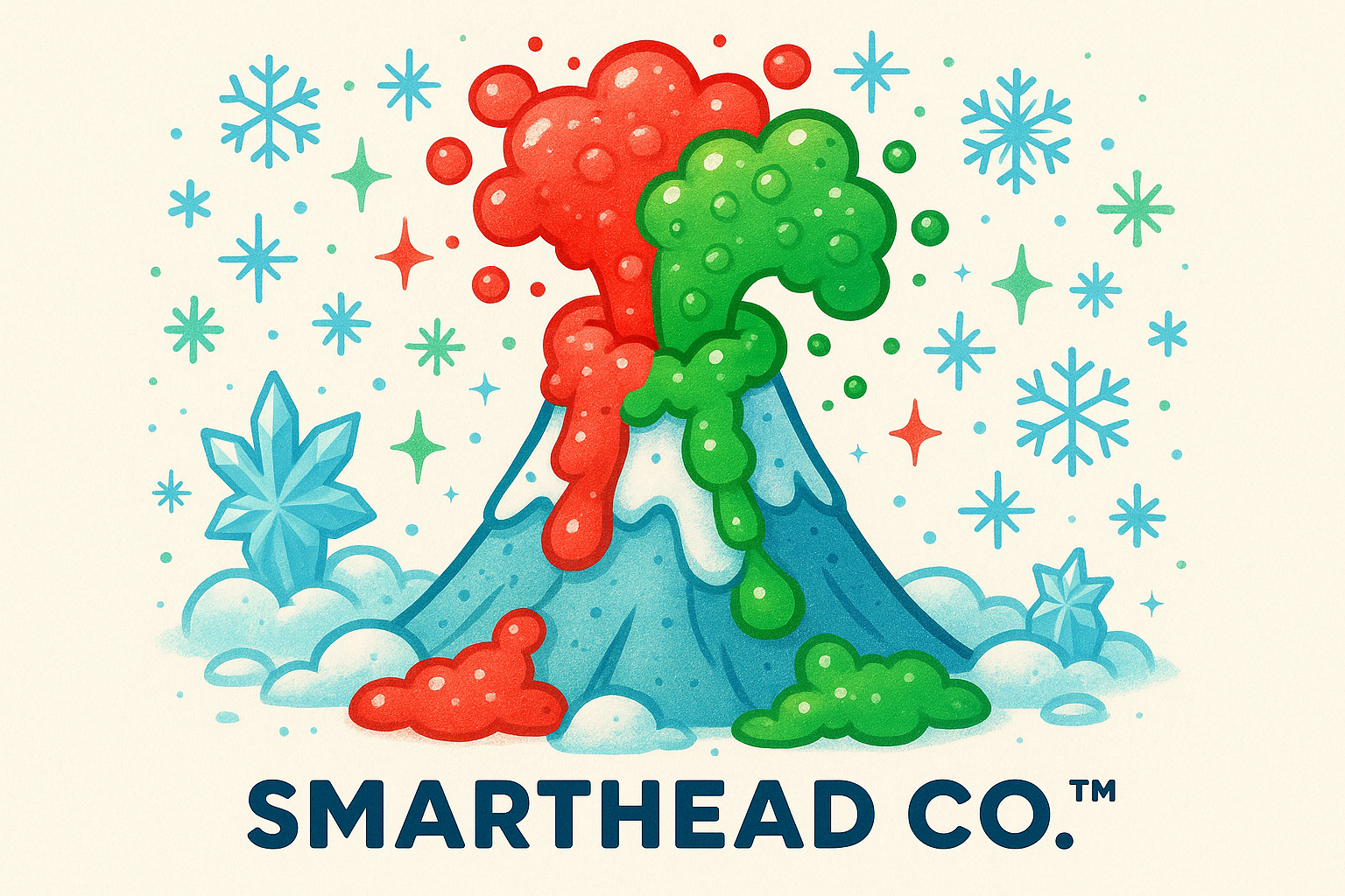 Small snowy volcano fizzing and erupting with red and green holiday-colored foam. Magical, science-experiment style with winter accents. Bright, kid-friendly, festive look. White background for Shopify. SmartHead Co.™ branding.”
