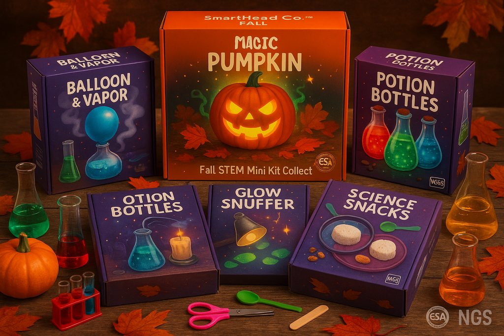 SmartHead Co.™ Fall STEM Mini Kit Collection — six ESA-approved, NGSS-aligned science kits for kids. Includes Enchanted Pumpkin Fire, Genie’s Breath Balloon, Vanishing Potions, Wizard’s Glow Snuffer, Haunted Hound Trail, and Spooky Science Snacks. Hands-on homeschool STEM experiments with a fall theme