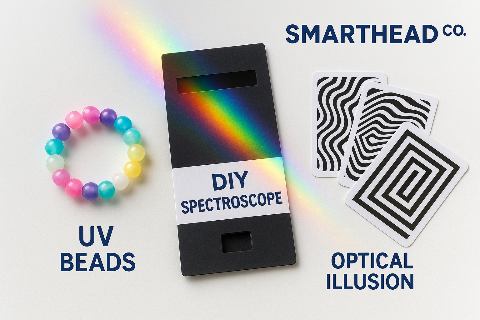 STEM experiment image showing a DIY spectroscope card with rainbow light bands, colorful UV beads, and optical illusion cards fanned out. Magical rainbow glow effect. Bright, playful, and clean white Shopify background. SmartHead Co.™ branding.”