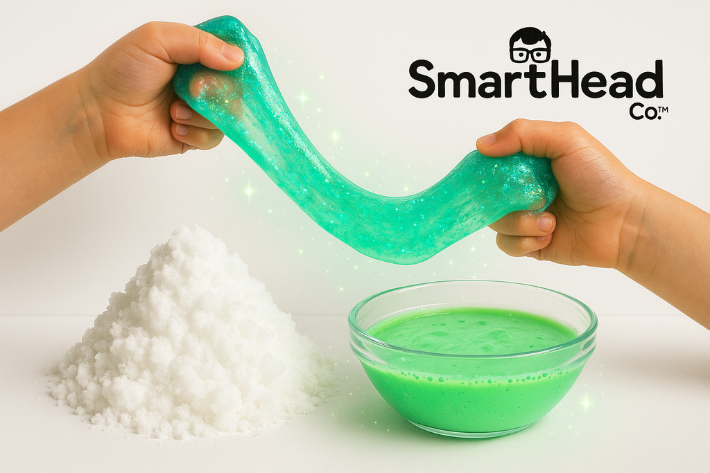 STEM experiment product image with glowing slime stretching between hands, a pile of fluffy instant snow, and a bowl of green oobleck. Magical glow and texture details. Fun, kid-friendly style. Clean white Shopify background. SmartHead Co.™ branding.”