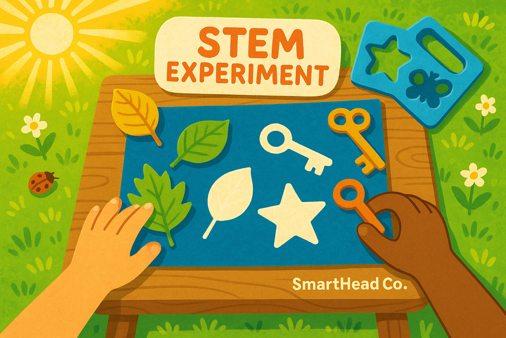 STEM experiment scene with bright sunlight shining on special blue photo paper. Leaves, keys, and stencils create bold shadow shapes as the paper turns deep blue. Whimsical, kid-friendly style with a summer outdoor feel. SmartHead Co.™ branding.