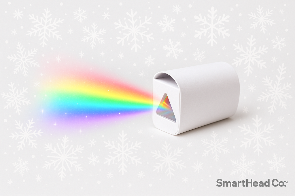 “STEM holiday experiment showing a diffraction prism card or tube splitting white light into a rainbow spectrum, set against a festive winter accent with snowflakes. Bright, clean, magical rainbow effect. White background for Shopify. SmartHead Co.™ branding.”