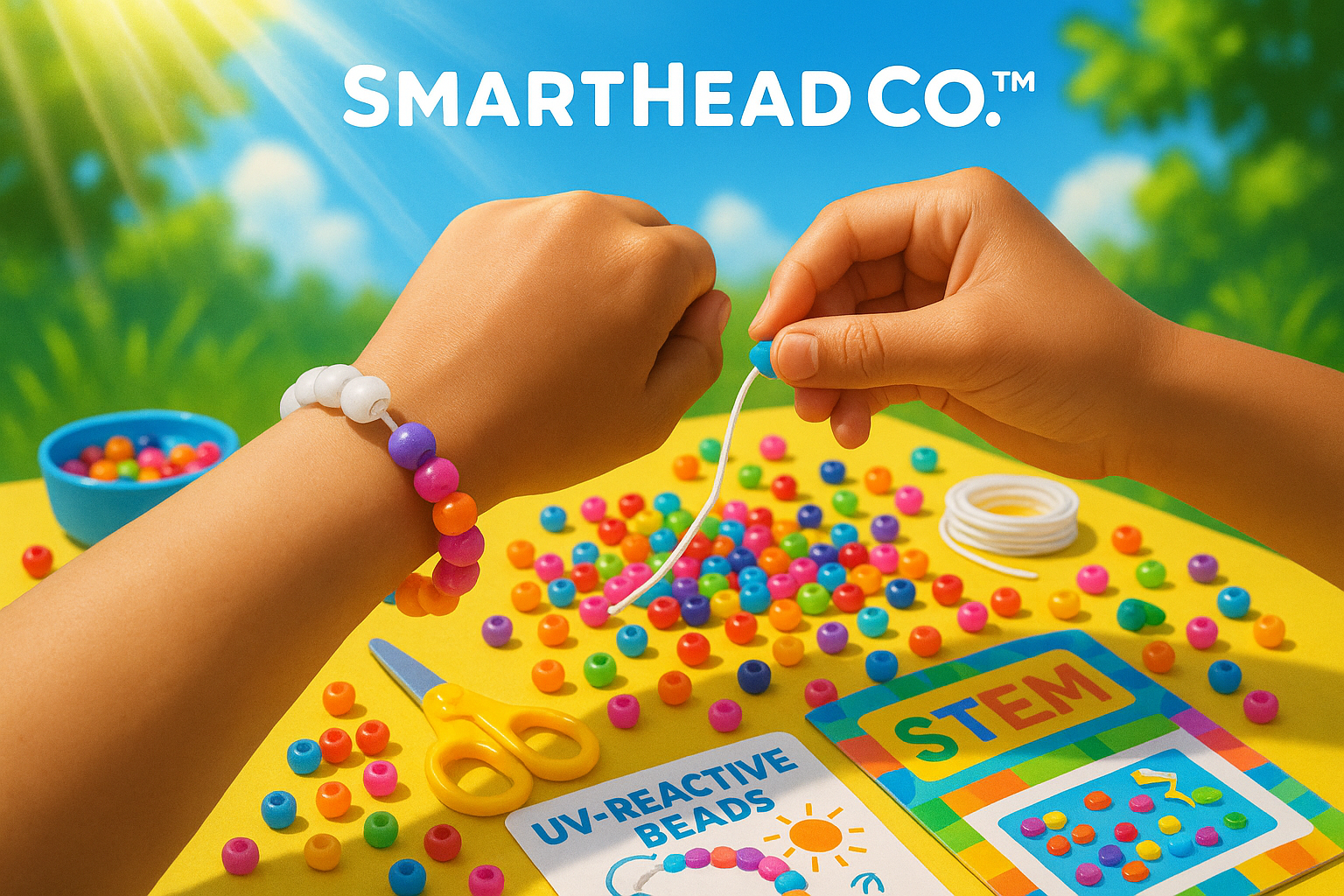 students elementary or middle school ’ STEM craft kit scene with colorful beads that change in sunlight. A bracelet half in shade (white beads) and half in sun (bright colors). Playful outdoor background with sunshine rays. Clean, joyful, science-meets-art style. SmartHead Co.™ branding.