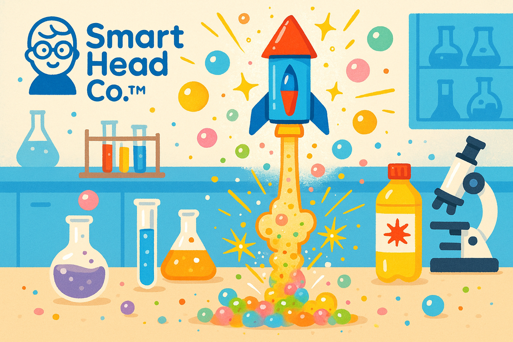 Whimsical children’s science experiment scene with a small homemade rocket fizzing upward, colorful fizzing bubbles, bright sparks, and a playful science-lab background. Clean, kid-friendly style with a magical STEM vibe. SmartHead Co.™ branding.”