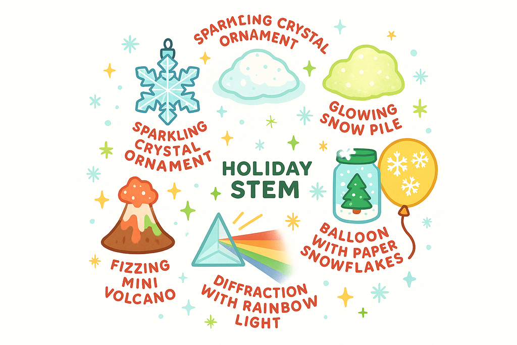 Whimsical flat-lay of six holiday STEM experiments arranged in a festive circle: sparkling crystal ornament, glowing snow pile, glittery snow globe jar, balloon with paper snowflakes dancing, diffraction prism with rainbow light, fizzing mini volcano with red/green colors. Add subtle holiday accents like snowflakes, stars, and sparkles. Bright, kid-friendly style, playful and magical, designed for elementary and middle school students. Clean white background for Shopify. SmartHead Co.™ branding.”