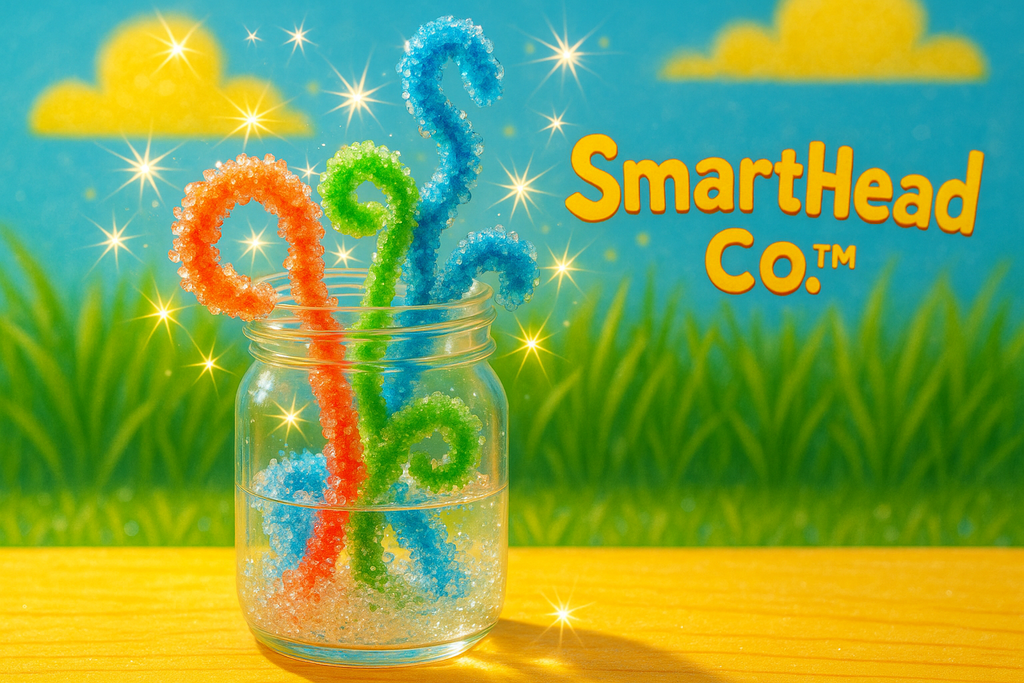 Whimsical science experiment scene with sparkling crystals growing on colorful pipe-cleaner shapes inside a clear jar. Light sparkles off the crystals. Kid-friendly summer STEM style with bright textures. SmartHead Co.™ branding