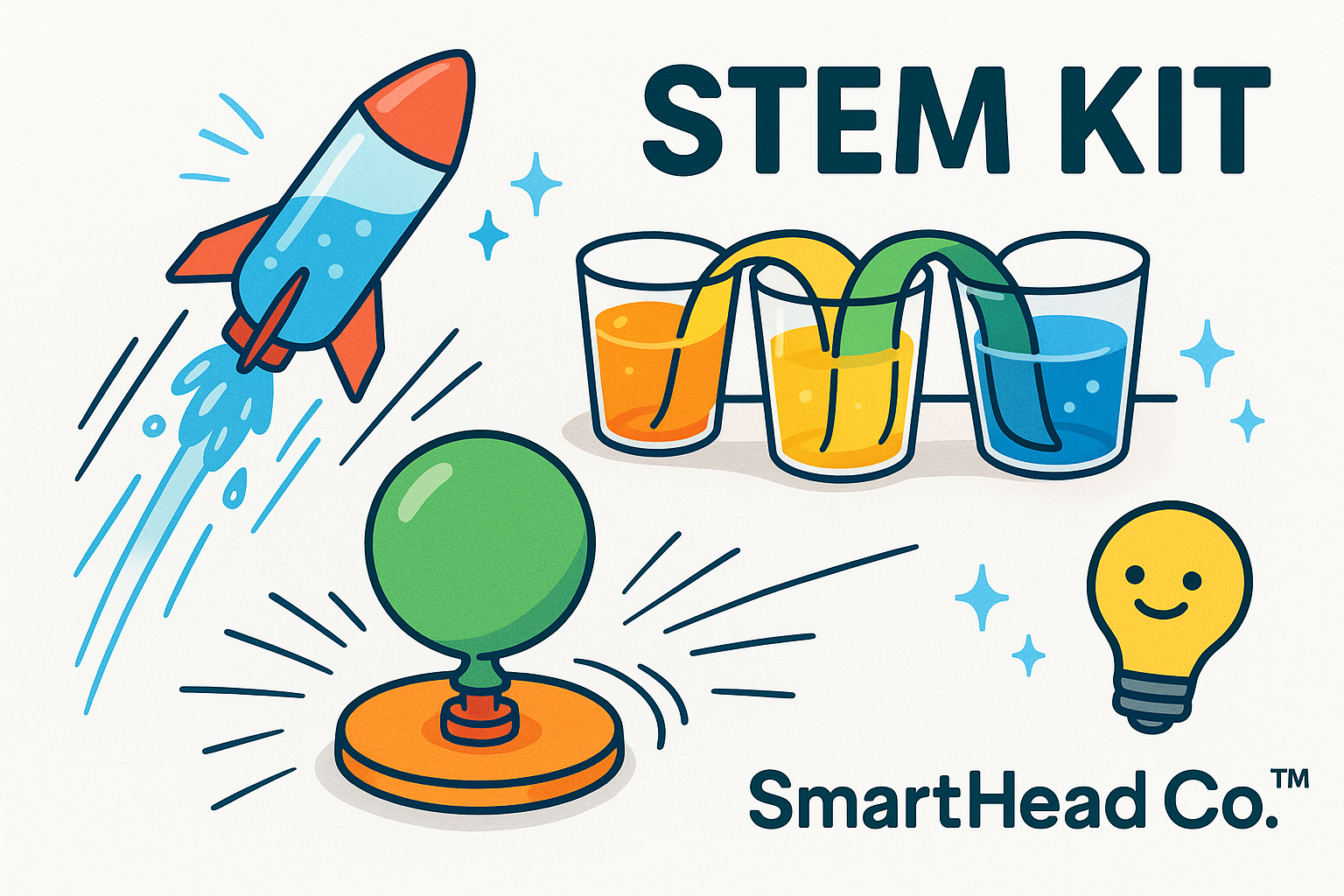 “Whimsical STEM kit scene with a water bottle rocket launching upward, a balloon hovercraft gliding across a flat surface, and a walking water rainbow across clear cups. Dynamic motion lines and water sparkles. Clean white Shopify background. SmartHead Co.™ branding.”